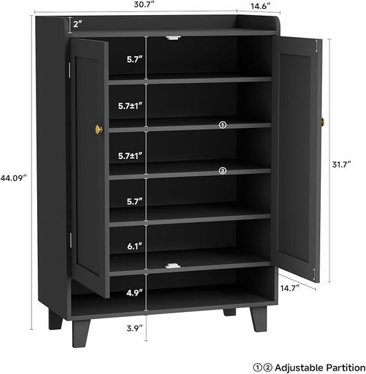 Flat-Shelf Shoe Cabinet with Doors,6-Tier Shoes Storage Cabinet with Adjustable Shelves,Wooden Shoe Rack Shoes Storage Organizer Cabinets for Entryway, Hallway, Living Room(Black)