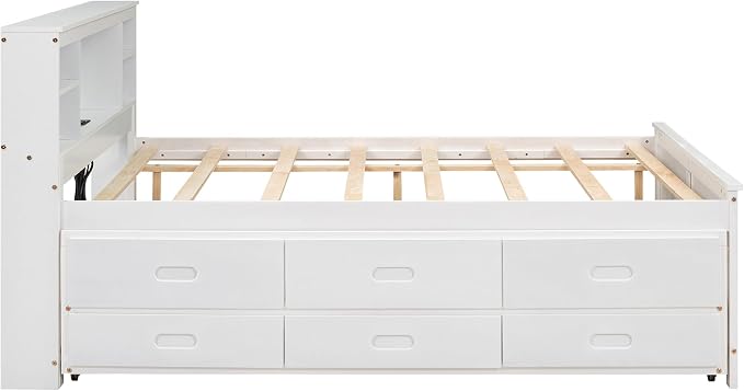 Merax Full Size Platform Bed with Storage Headboard, USB, Wood Bedframe with Twin Size Trundle and 3 Drawers, White