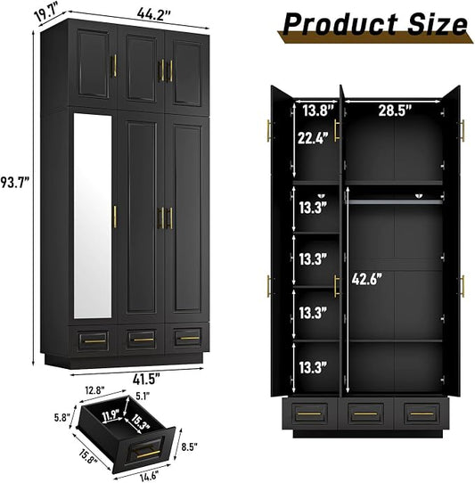 Hlivelood Large Armoire Wardrobe Closet Cabinet with Drawers and LED Lights, Multi-Tier Shelves, Hanging Rod, Large Capacity Storage 3 Door Wardrobe Armoire with Top Cabinet for Bedroom, Black