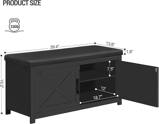 Hzuaneri Shoe Storage Bench, 2 Tier Shoe Bench with Padded Seat Cushion & 2 Barn Doors, Entryway Bench with Adjustable Shelf, Farmhouse Shoe Cabinet for Living Room, Bedroom, Black SB26606BK