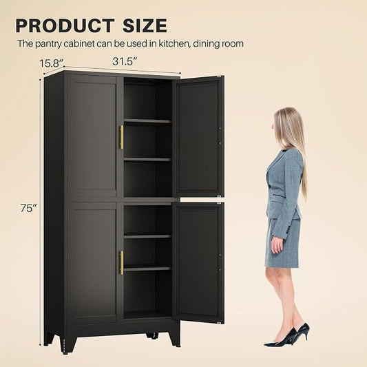 winiowa 75" Tall Kitchen Pantry Cabinet, Metal Storage Cabinet with Doors and Adjustable Shelves, Black Freestanding Pantry Cabinet for Kitchen, Dining Room, Living Room, Laundry Room, Bathroom