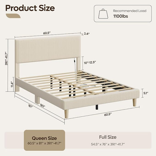 Bestier Queen Bed Frame with Headboard,Platform Queen Size Bed Frame with LED Lighting,Bed Frame Wooden Slats Support,No Box Spring Needed,Never Squeaks, Easy Assembly,Beige