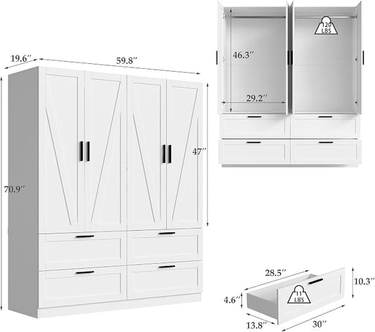 WOODTIME 70.9" Tall Armoire Wardrobe Closet with 4 Drawers, 4 Doors & Hanging Rods, 59.8" W Farmhouse Wooden Wardrobe Clothes Storage Cabinet for Bedroom Apartment, White