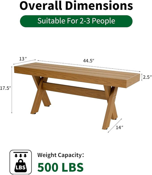 44.5" HIPS Outdoor Dining Bench, X-Shaped Modern Backless 2-Person Seating, All-Weather Patio Bench with Wood Grain Texture, Easy Assembly, Teak