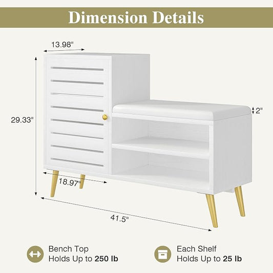 VECELO Shoe Storage Bench with Door&Shelf, Entryway Bench with Seat Cushion, for Hallway, Bedroom, Living Room, L-Shaped, White