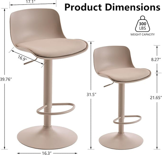 Kidol & Shellder Bar Stools Set of 2 Cream Adjustable Swivel Counter Height Stools, Modern PU Leather Upholstered with Back Solid Color Barstools for Kitchen Island
