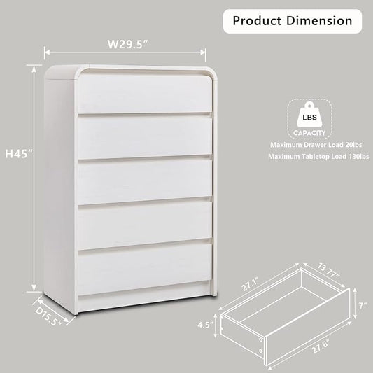 Aitjunz Modern 5 Drawers Dresser for Bedroom, 45" Tall Dressers & Chests of Drawers w/Curved Profile Design, Wood Mid Century Vertical Dresser w/Natural Texture for Bedroom, Living Room, Antique White