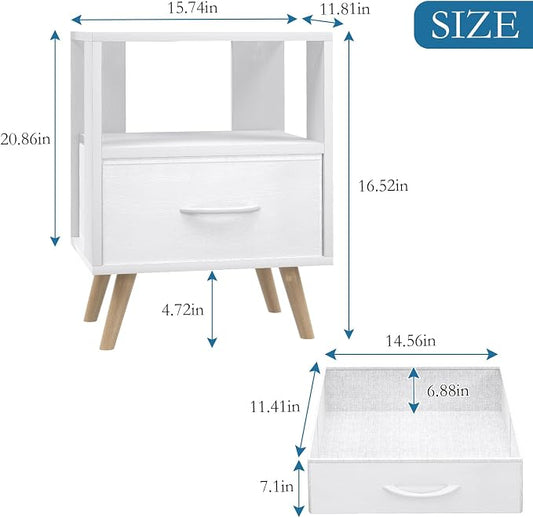 Huhote Kids Nightstand, 2-Tier Night Stand with Drawer, Modern Side Table for Bedroom, Study Room, Small Spaces, White