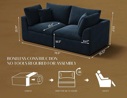 ohllob 78.9" Loveseat Sofa, Cloud Boneless Couches for Living Room, Modern Modular Sectional Sofa, Oversized, Blue
