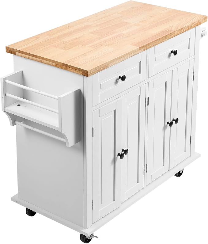 VEVOR Kitchen Island Cart with Solid Wood Top, 35.4" Width Mobile Carts with Storage Cabinet, Rolling Kitchen Table with Spice Rack, Towel Rack, and Drawer, Portable Islands on Wheels, White | Rolling Kitchen Table with Storage Cabinet, Spice Rack, Tow...