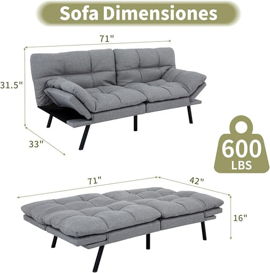 Vipbear 71" Futon Sofa Bed - Convertible Sofa Beds/Adjustable Backrest & Armrest, Comfy Loveseat Sleeper for Small Spaces, Apartments & Offices,Linen Fabric Medium Grey Futons