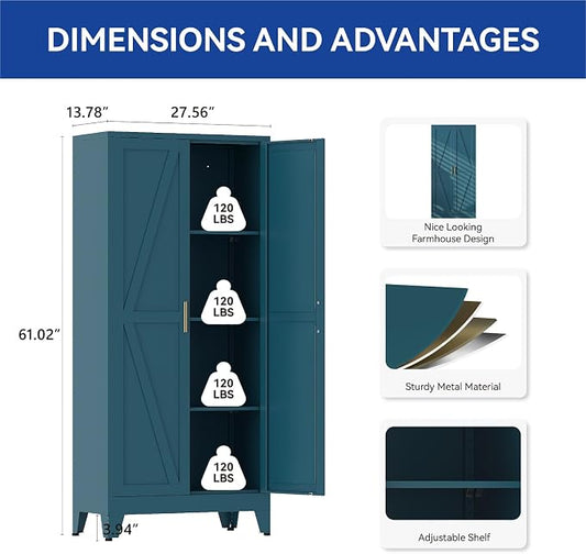 COFaR Metal Pantry Cabinet with Doors, Farmhouse 61'' Tall Storage Cabinet with 3 Adjustable Shelves, Kitchen Pantry Cabinet for Dinning Room, Laundry, Peacock Blue 4-Tier