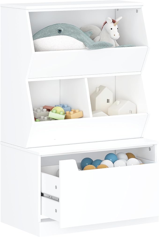 UTEX Slanted Kids Toy Storage Organizer, Children Storage Cubby with Drawer | Kids Bookshelf and Bookcase, Full-Width Smooth Drawer, Perfect Height for Kids, Toy Room, Playroom, Nursery, Wood, White