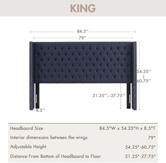 Madison Park King Wingback Upholstered Tufted Headboard, Featuring High-Density Sponge Padding, Adjustable Height Headboard, Easy Assembly, Navy