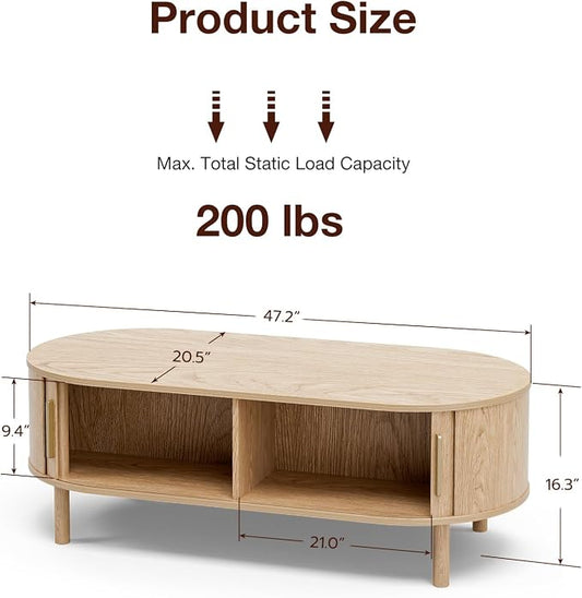 ZttRiee Oval Coffee Table with Sliding Doors, Modern, Natural | 47.24"L x 21.65"W x 16.14"H, 200 lbs capacity, 2 front & back storage areas, ~60 min assembly