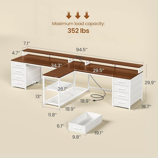SEDETA 94.5" 2 Person Gaming Desk, Long Office Computer Desk with 8 Drawers & LED Light, Two Person Desk with Storage, Power Strip & Monitor Shelf for Home Office, Brown+White