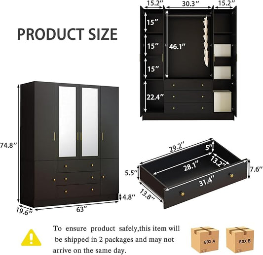 4 Doors LED Armoire Wardrobe Closet with Mirror, 75" Tall Modern Wooden Wardrobe Closet with 3 Drawers, Freestanding Clothing Storage Cabinet with Hanging Rod, Adjustable Shelves, Black