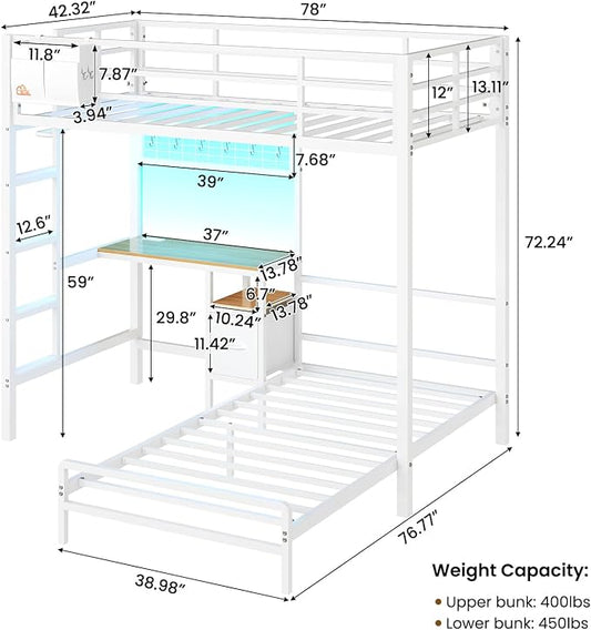 DICTAC Twin Over Twin Bunk Bed with Desk,Led Lights and Charging Station Metal L-Shaped Bunk Beds with Storage Drawers and Shelves, Loft Bed with Safety Guardrail and Ladder for Kids and Teen,White