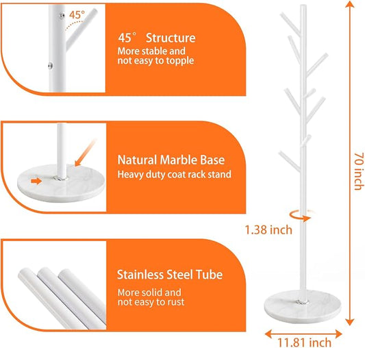 ZOZOE Metal Coat Rack Freestanding, Metal Coat Rack Stand with Natural Marble Base, Modern Coat Racks with 8 Hooks, White Coat Tree Hanger Stand for Jacket, Bag, Entryway, Office