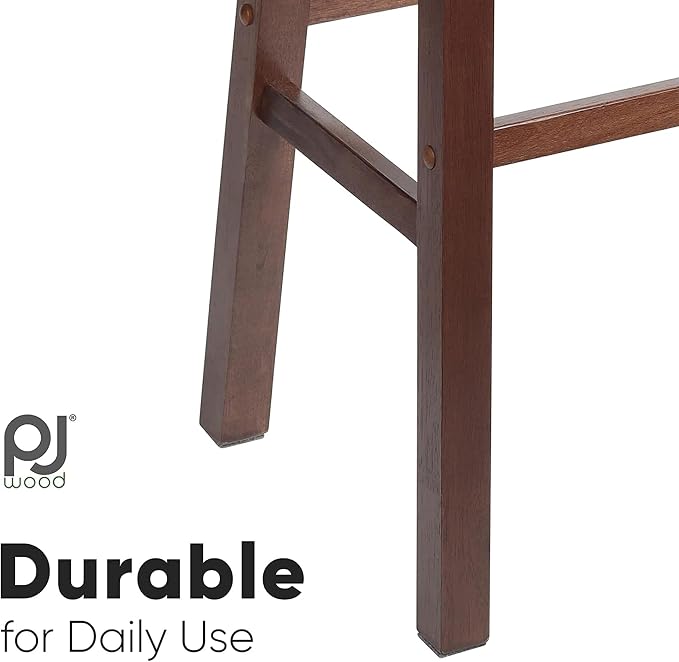 PJ Wood Classic Saddle-Seat 24'' Tall Kitchen Counter Stool for Homes, Dining Spaces, and Bars with Backless Seat, 4 Square Legs, Walnut (2 Pack)