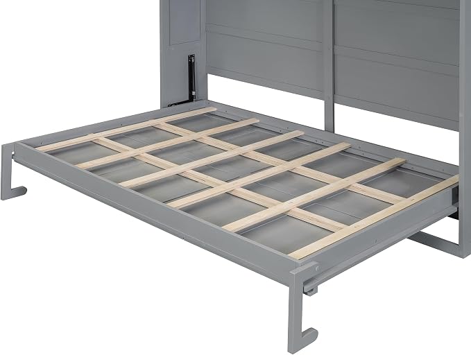 Ball & Cast Murphy Bed Full Size,Wall Beds with Charging Station and Storage Top,Slat Support,Wood Hideaway Cabinet Bedframe w/Leg,can be Folded,Space-Saving,for Small Room,Dorms,Gray