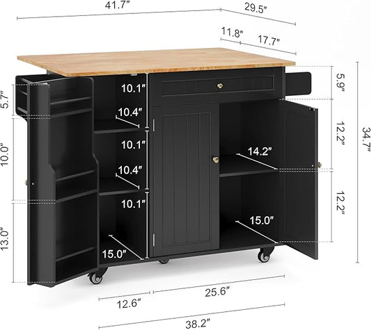 Ahomly Kitchen Island with Storage, Island Table for Kitchen with Drop Leaf, 5 Wheels, a Drawer, Spicy Rack and Towel Bar, Black