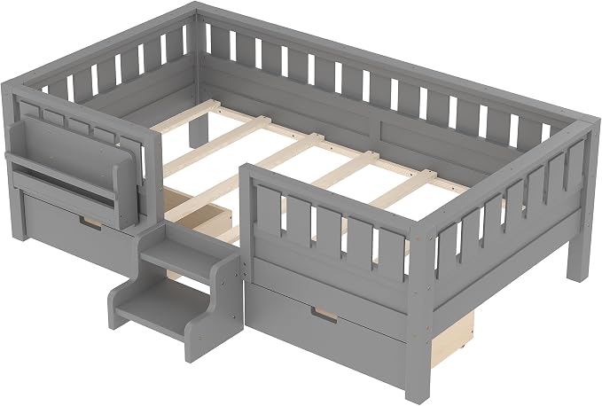Bellemave Twin Montessori Bed with Stairs, Rails and Slats, Twin Size Montessori Floor Bed with Bookshelf and 2 Storage Drawers, Easy Assemble Beds Frame for Girls, Boys, Gray