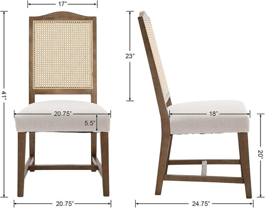 EALSON Rattan Dining Chairs Set of 2 Linen Upholstered Dining Room Chairs with Cane Back Mid Century Modern Kitchen Chairs Natural Wood Frame Side Chair for Dining Room, Beige