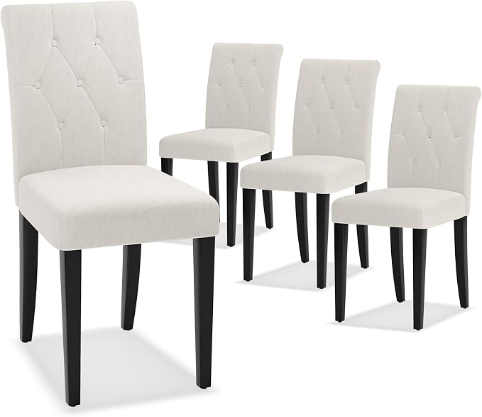 Welzona Upholstered Dining Chairs Set of 4, Button Tufted Parsons Dining Chair with Solid Wood Legs, Modern Fabric Side Chair for Hotel/Dining Room/Kitchen/Restaurant- White