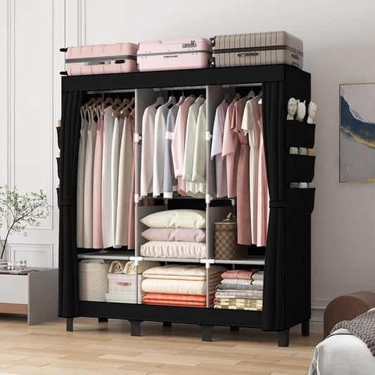Portable Closet, 51.18" Large Capacity Clothing Storage Organizer with 3 Hanging Rods 6 Shelves 18 Side Pockets, Dustproof Sturdy Wardrobe for Bedroom Dorm Rental Apartment(Black, Large)