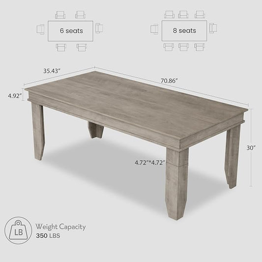 GarveeHome Farmhouse Dining Table for 6-8 People, 71 in Long Kitchen Tables with Wooden Sturdy Frame, 6 ft Large Rectangular Dinner Table for Dining Room, Kitchen, Grey, 71" Non-extendable