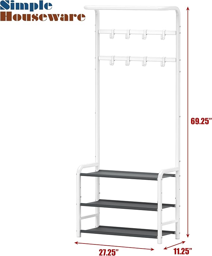 Simple Houseware Space-Saving Coat Rack with Storage Shelf, Black Freestanding Hall Tree Organizer with Hooks for Entryway, Bedroom, Office, Coats, Hats, Jackets, Scarves - White