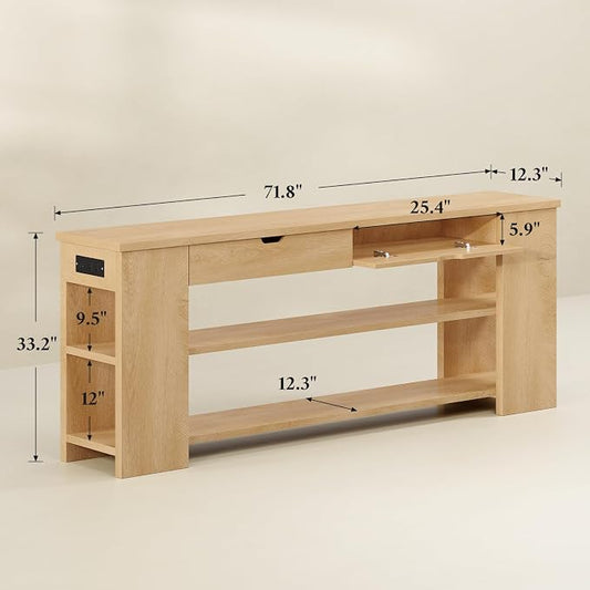71.8 Inch Extra Long Console Table with Drawers, Farmhouse Long Console Table with Shelves & Built-in Outlets, Entryway Table with Storage for Living Room, Entryway, Hallway, Natural