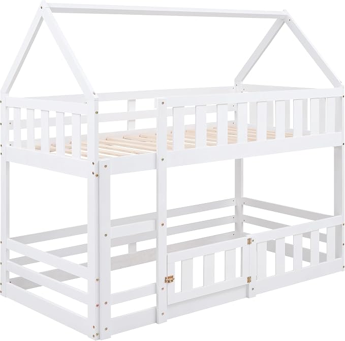 SOFTSEA Bunk Bed Twin Over Twin, Solid Wood House Bunk Bed Frame with Ladder, Door & Safety Guardrails, Floor Bunk Beds for Kids, Noise Free, Easy Assembly, White