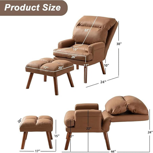 CANMOV Modern Accent Chair with Ottoman Set of 2, Soft Fabric Armchair with Adjustable Backrest and Side Pockets, Comfy Lounge Chair for Living Room, Bedroom, Apartment, Office, Camel