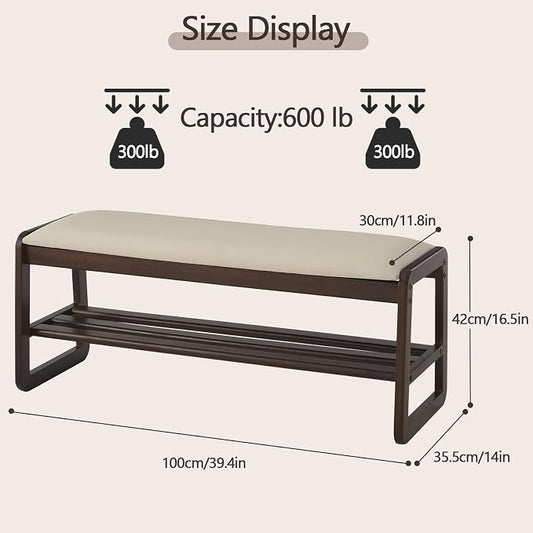 Achicsofar Shoe Rack Bench,2 Tier Solid Wooden Entryway Bench with Shoe Storage, Shoe Rack with Cushion for Living Room, Hallway(Pu Beige, 39.4")