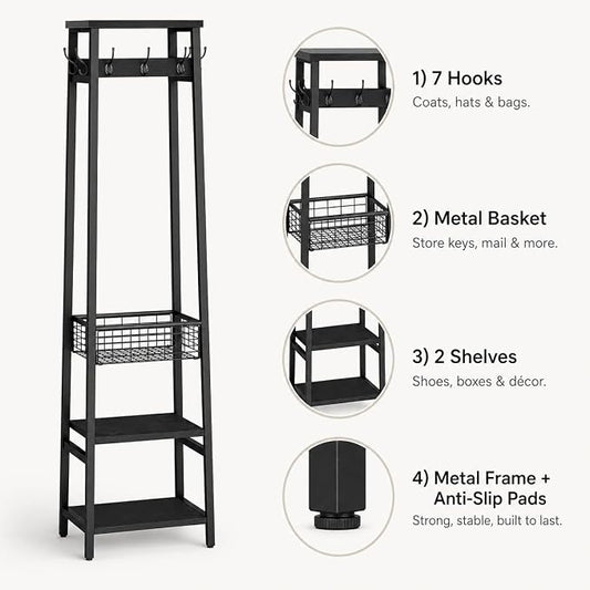 Coat Rack Freestanding, Coat Stand with Metal Basket and Storage Shelves, Hall Tree Free Standing with and 7 Hooks, Clothes Rack Stand Organizer, Black