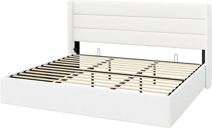 Allewie King Size Velvet Lift Up Storage Bed, Modern Wingback Headboard, Hydraulic Support, No Box Spring Needed, White
