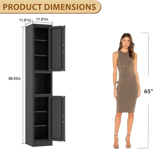 Tall Metal Narrow Bathroom Storage Cabinet 67" H, Tall Black Pantry Cabinets with 4 Adjustable Shelves and 2 Doors for Kitchen, Home Office, Living Room, Dining Room(11.8 inches Wide)