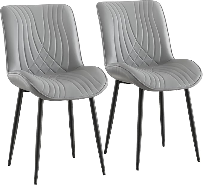 VECELO Dining Chairs Set of 2, Modern Upholstered Faux Leather Cushion Seat and Metal Legs for Kitchen, Living Room, Grey