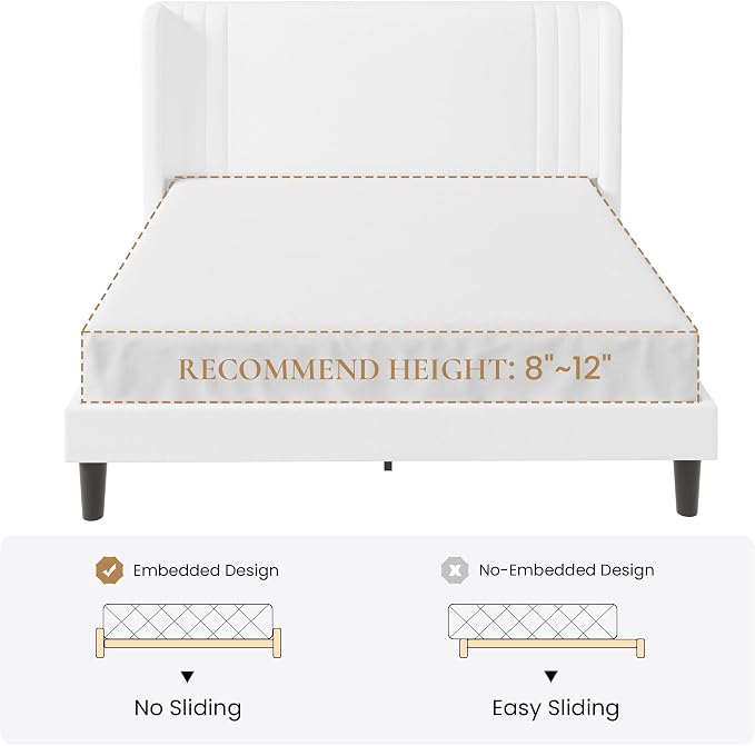 SHA CERLIN Full Size Velvet Upholstered Platform Bed Frame with Vertical Channel Tufted Wingback Headboard, Wooden Slats Support, Easy Assembly, Under Bed Storage, No Box Spring Required, White