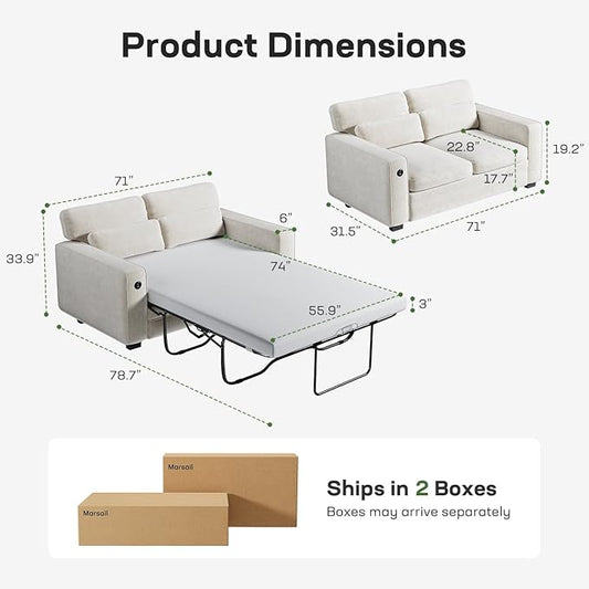 Marsail Pull Out Sofa Bed, Queen Size Sleeper Sofa with Memory Foam Mattress, 2 USB Charging Ports & Removable Covers, Chenille Loveseat Couch for Living Room, Apartment, Pure White
