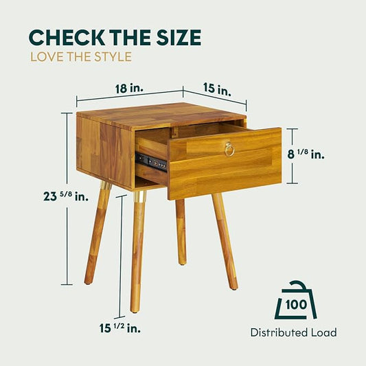 Bme Alden Solid Wood Nightstand/Side Table/End Table, Fully Assembled, with 1-Drawer for Mid Century Bedroom and Living Room, (12mm), Caramel