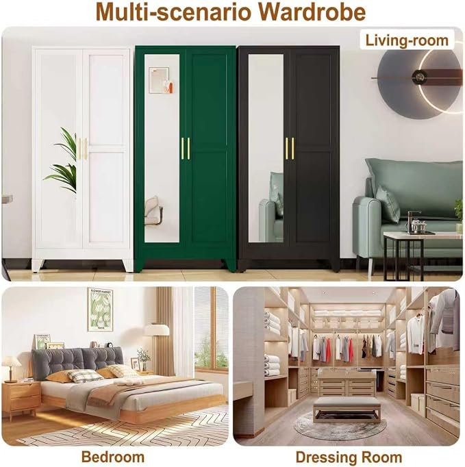 Metal Armoire Wardrobe Closet Storage Cabinet with Mirror Green, 71'' Wardrobe Cabinet with Hanging Rod Metal Closet with 2 Adjustable Shelves for Bedroom, Laundry Room, Cloak Room