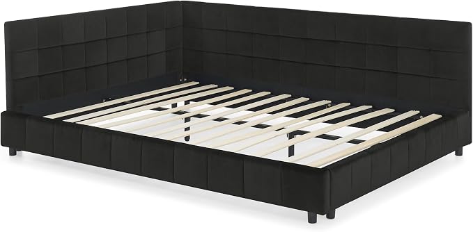 Bellemave Queen Size Corner Bed Frame with Comfortable Backrest and Armrests, Velvet Tufted Corner Bed Frame Queen Size, Upholstered Daybed for Bedroom, Living Room, Guest Room, Black