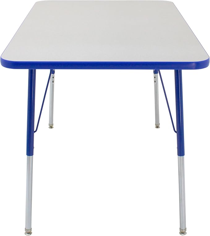 FDP Rectangle Activity School and Office Table (30 x 48 inch), Standard Legs with Swivel Glides, Adjustable Height 19-30 inches; Quick Ship Single Box - Gray Top and Blue Edge