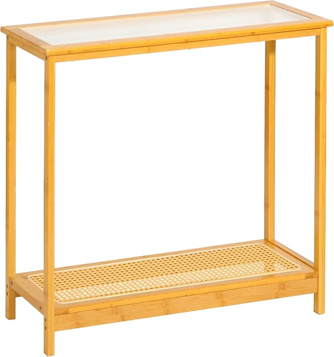 Bamboo Narrow Console Table, 31.5"(L) Wood Small Entryway Table with Rattan and Glass, Accent Slim Hallway Tables, Thin Sofa Side Tables for Hallway, Living Room, Foyer, Burlywood