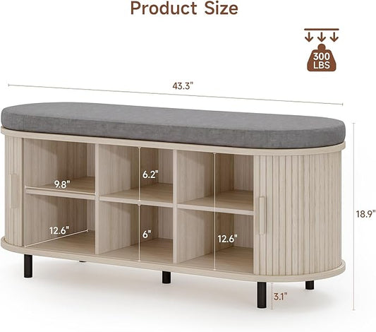 ONBRILL 43" Shoe Bench with Storage, Fluted Shoe Storage Bench with Cushion, Sliding Door and Adjustable Shelf, for Entryway, Hallway, Living Room, Natural White