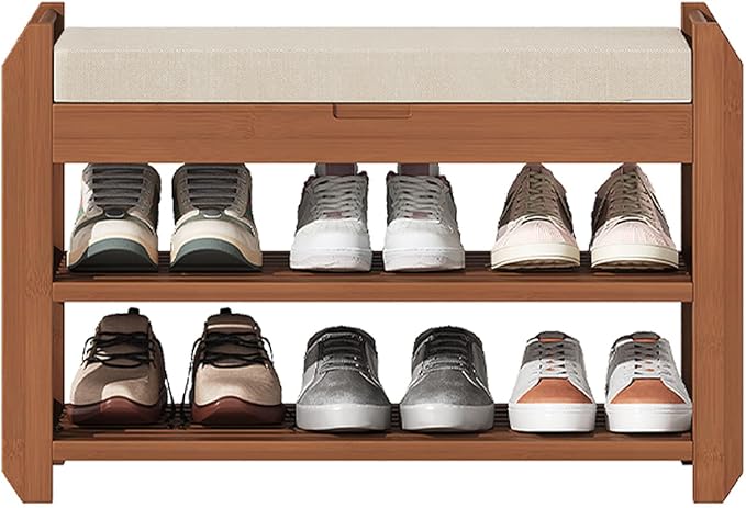 27.6" Bamboo Shoe Bench with Cushion, 2-Tier Storage Bench for Entryway, Heavy Duty Shoe Rack Organizer with Removable Soft Cushion for Living Room Bedroom Hallway