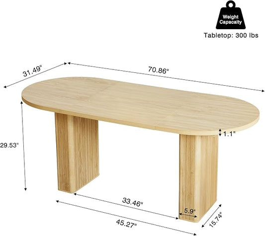 70.8 Inch Kitchen Dining Table for 4-6 People, Oval Kitchen Table with Wood Strip Base, Modern Farmhouse Large Round Dining Room Tables for Living Room (Natural)